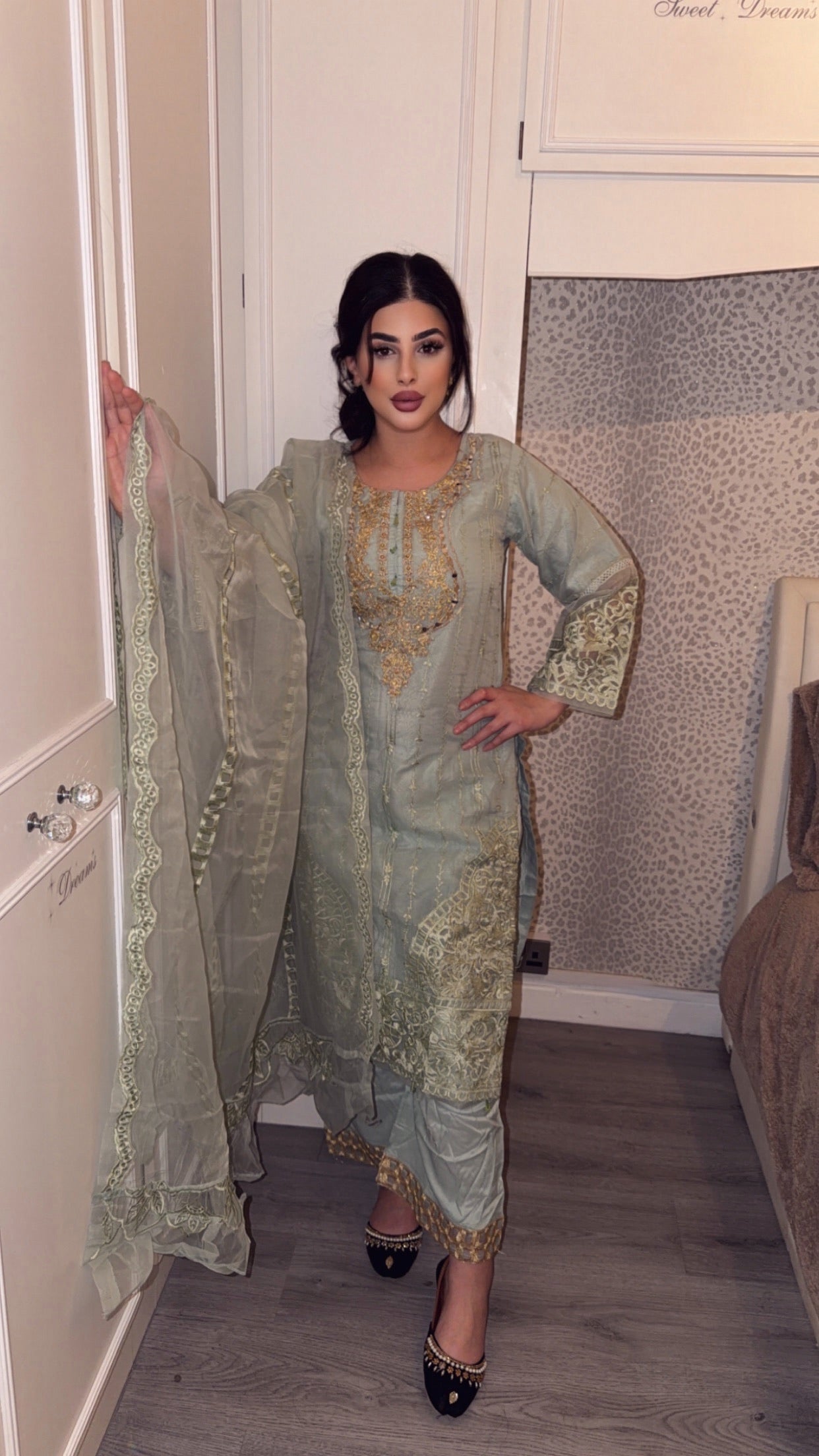 Soft Sage Green Net Readymade Embroidered Suit