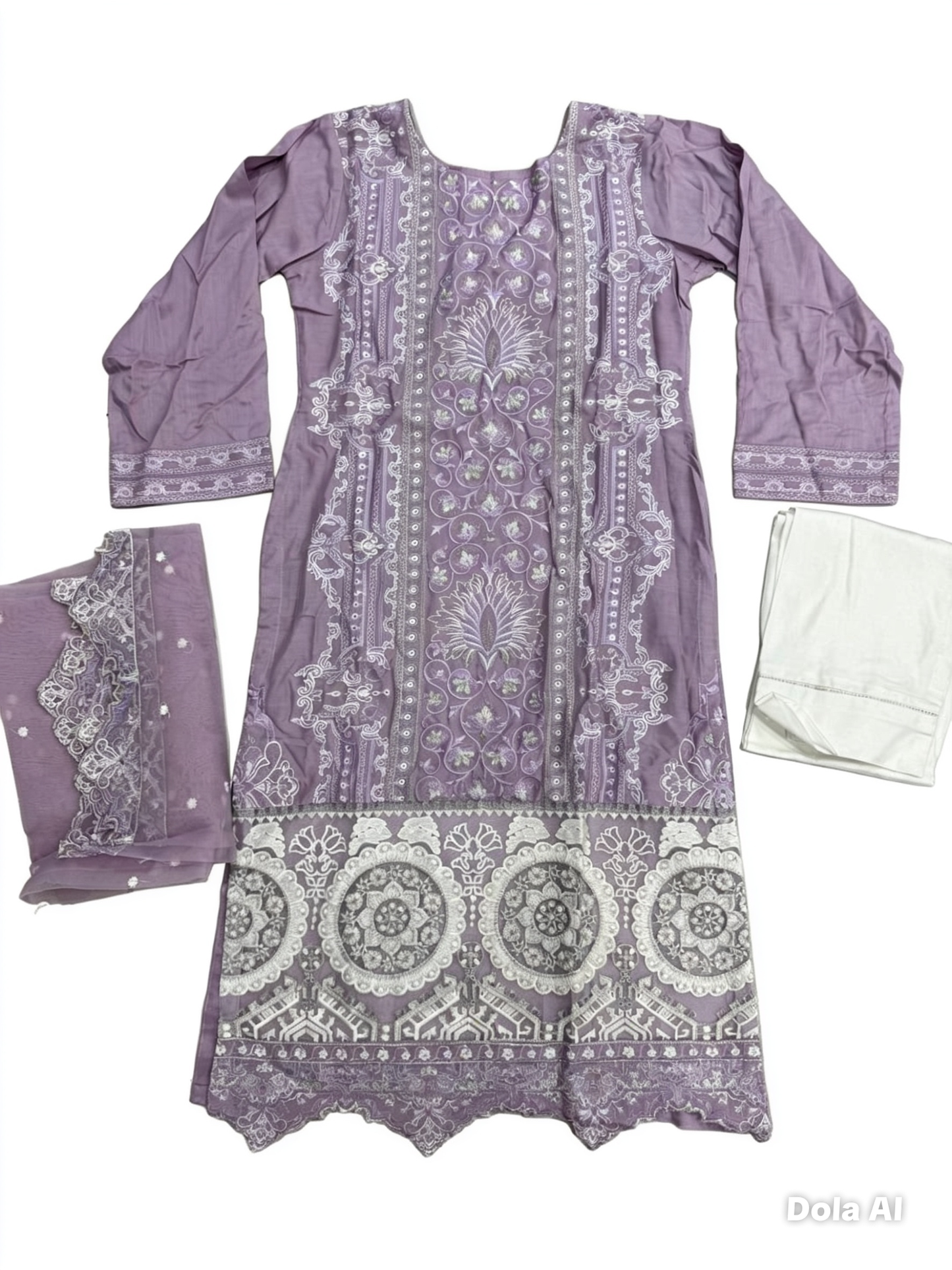 Lilac Viscose Readymade Embroidered Suit