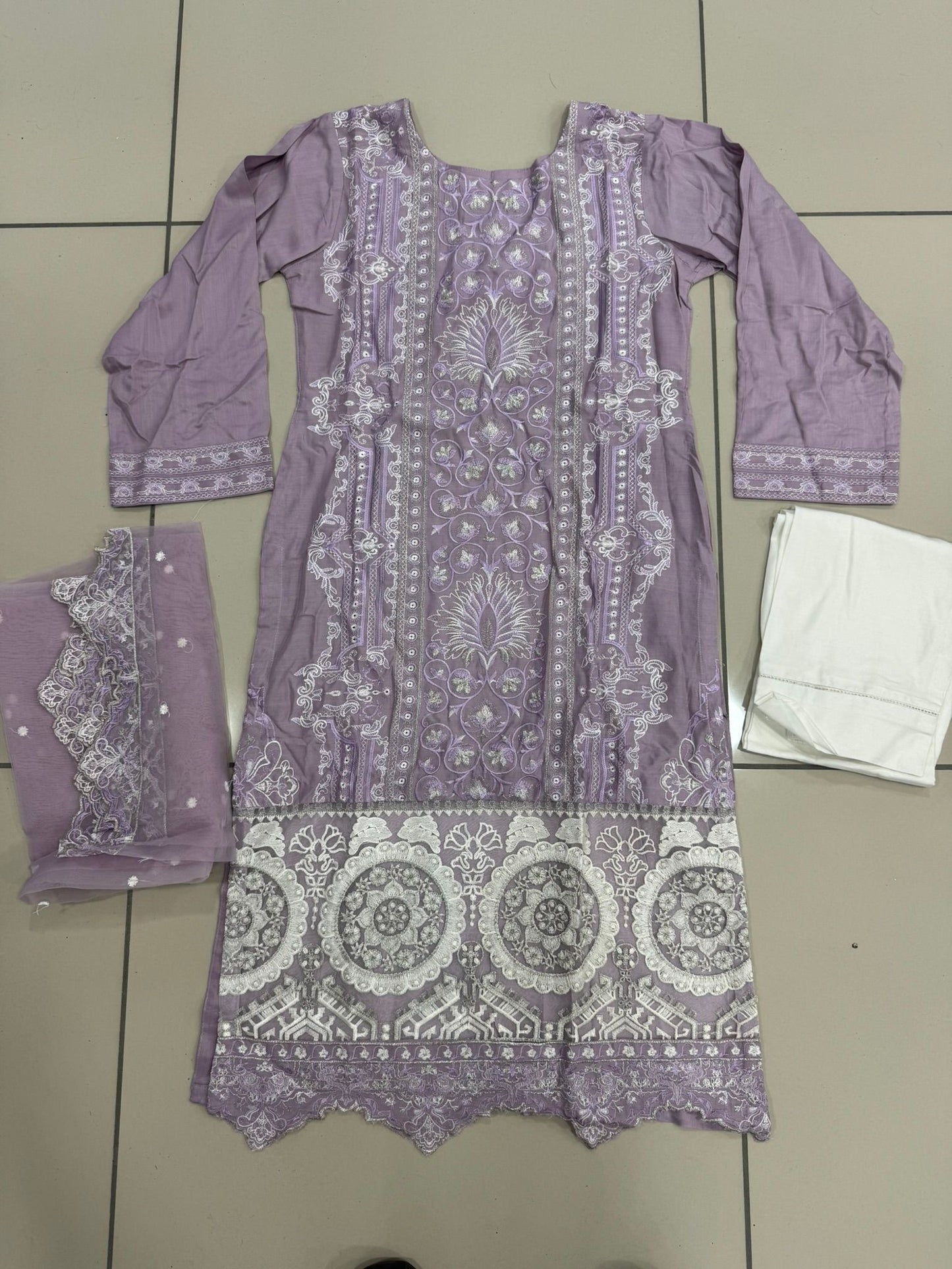 Lilac Viscose Readymade Embroidered Suit