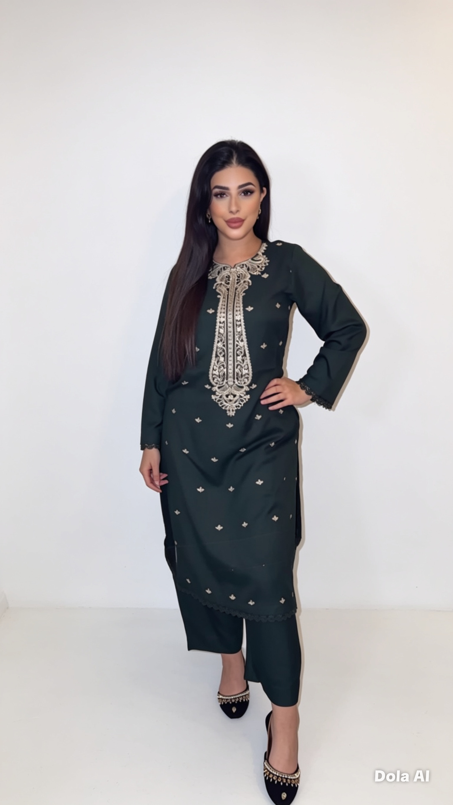 Bottle Green Dhanak Embroidered Readymade