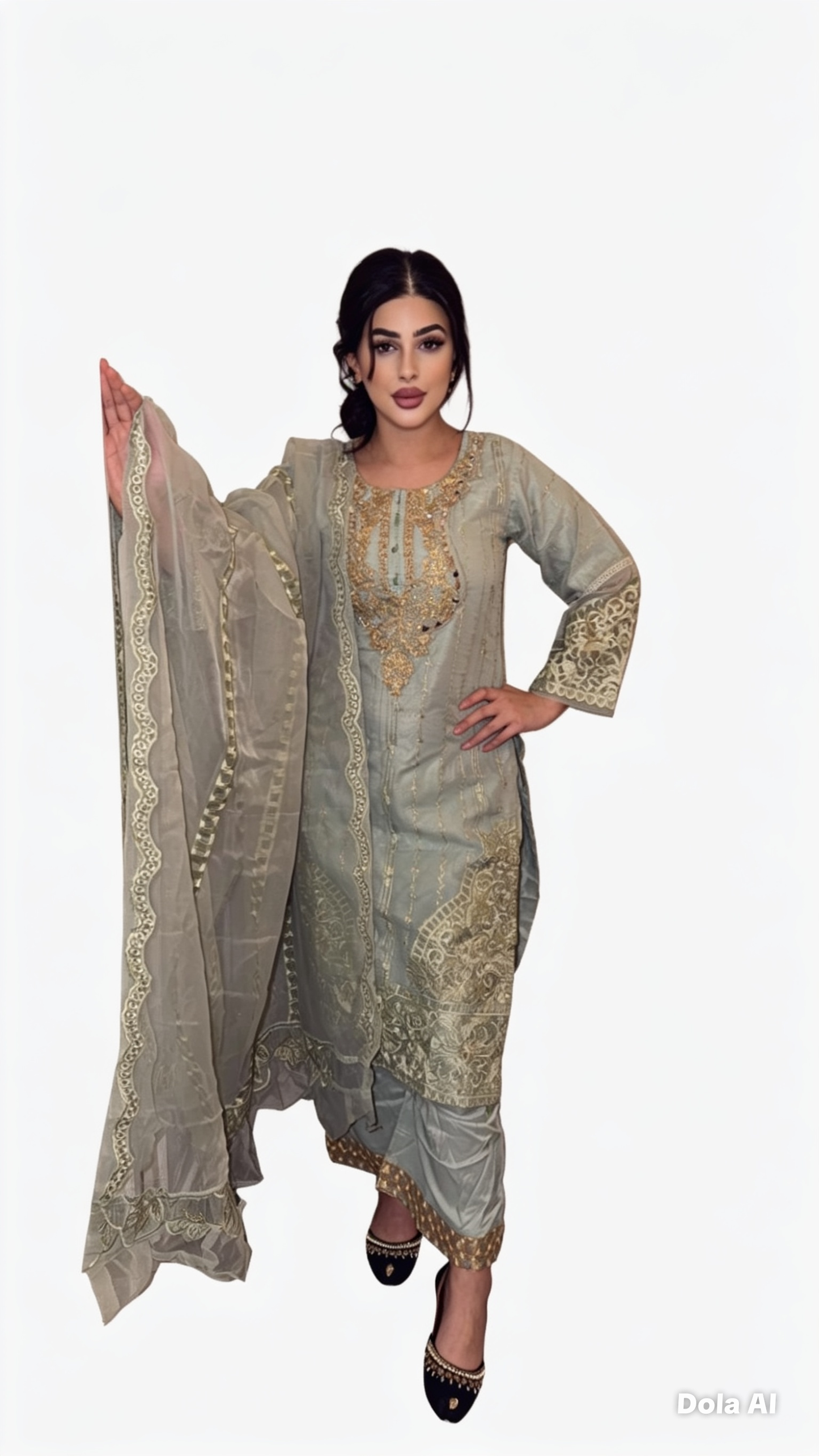 Soft Sage Green Net Readymade Embroidered Suit