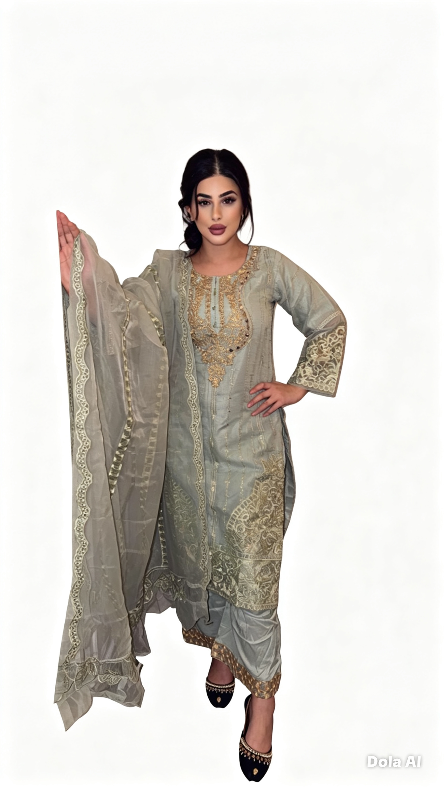 Soft Sage Green Net Readymade Embroidered Suit