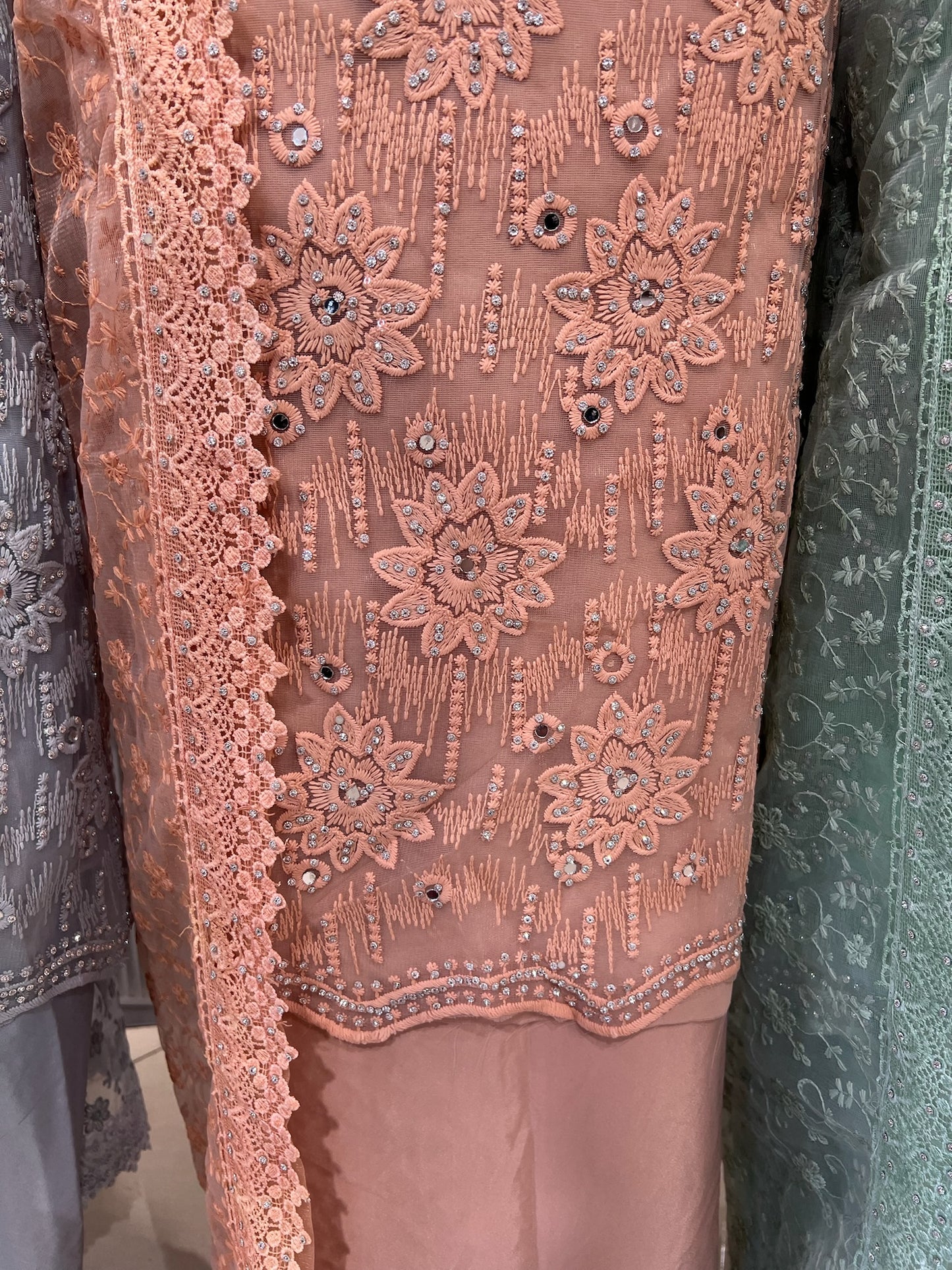Party‑Wear Net Suits with Lace & Thread‑Embroidered Dupatta