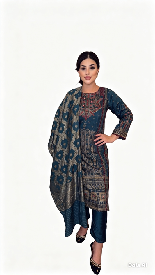 Teal Digital Print Cotton Embroidered Suit