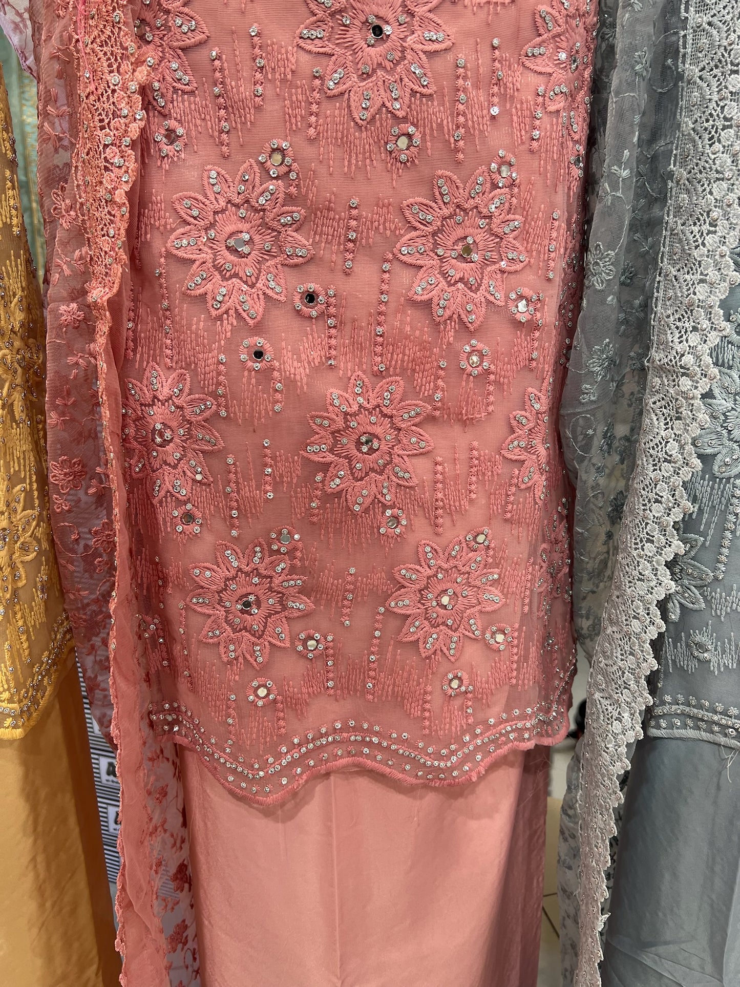 Party‑Wear Net Suits with Lace & Thread‑Embroidered Dupatta