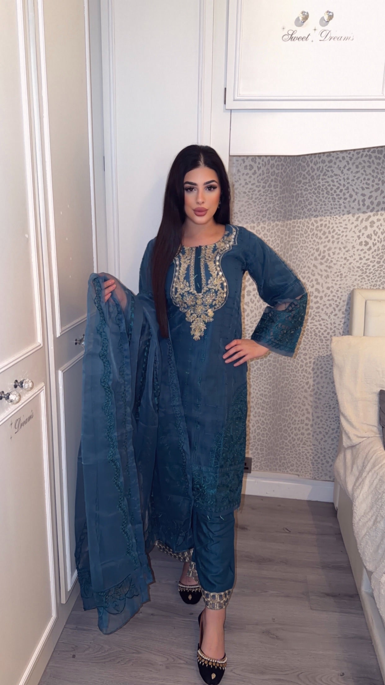 Teal Net Readymade Embroidered Suit