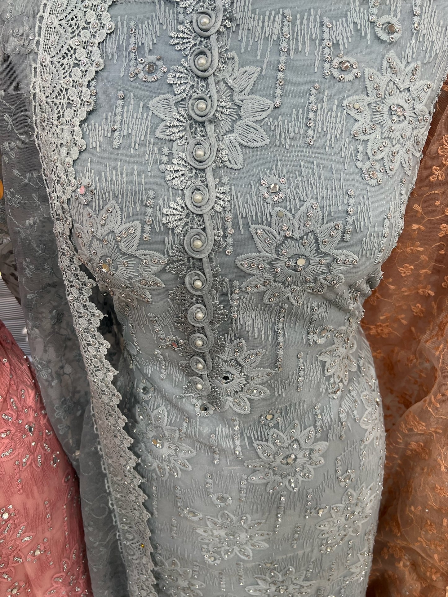 Party‑Wear Net Suits with Lace & Thread‑Embroidered Dupatta