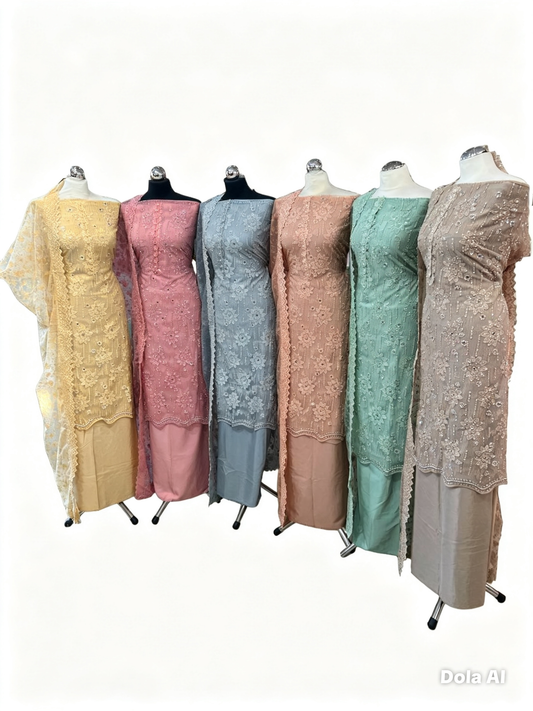 Party‑Wear Net Suits with Lace & Thread‑Embroidered Dupatta