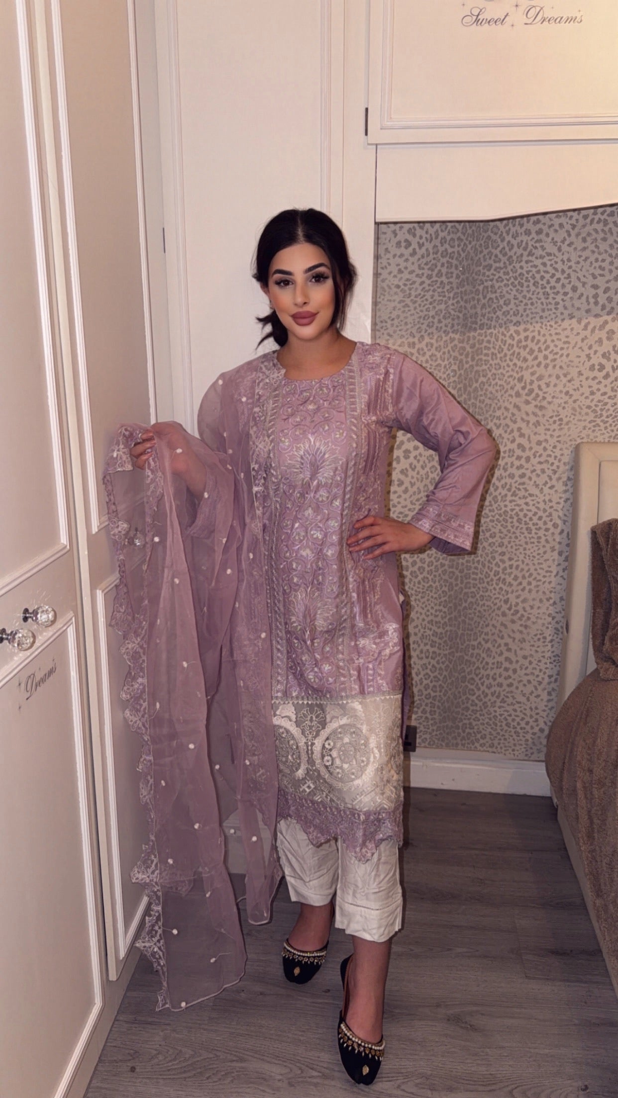 Lilac Viscose Readymade Embroidered Suit