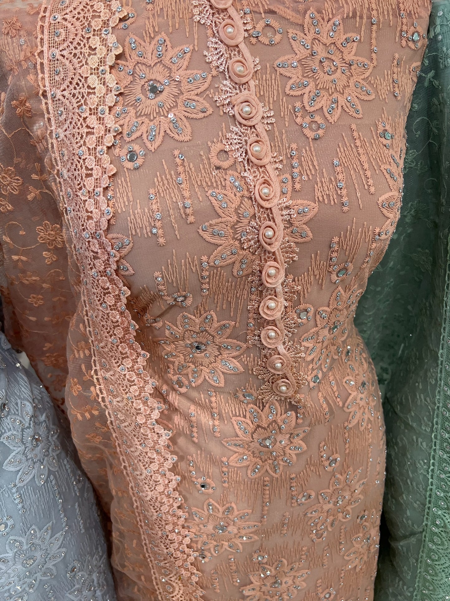 Party‑Wear Net Suits with Lace & Thread‑Embroidered Dupatta