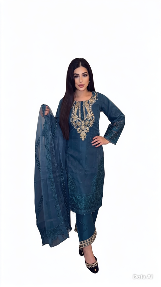 Teal Net Readymade Embroidered Suit