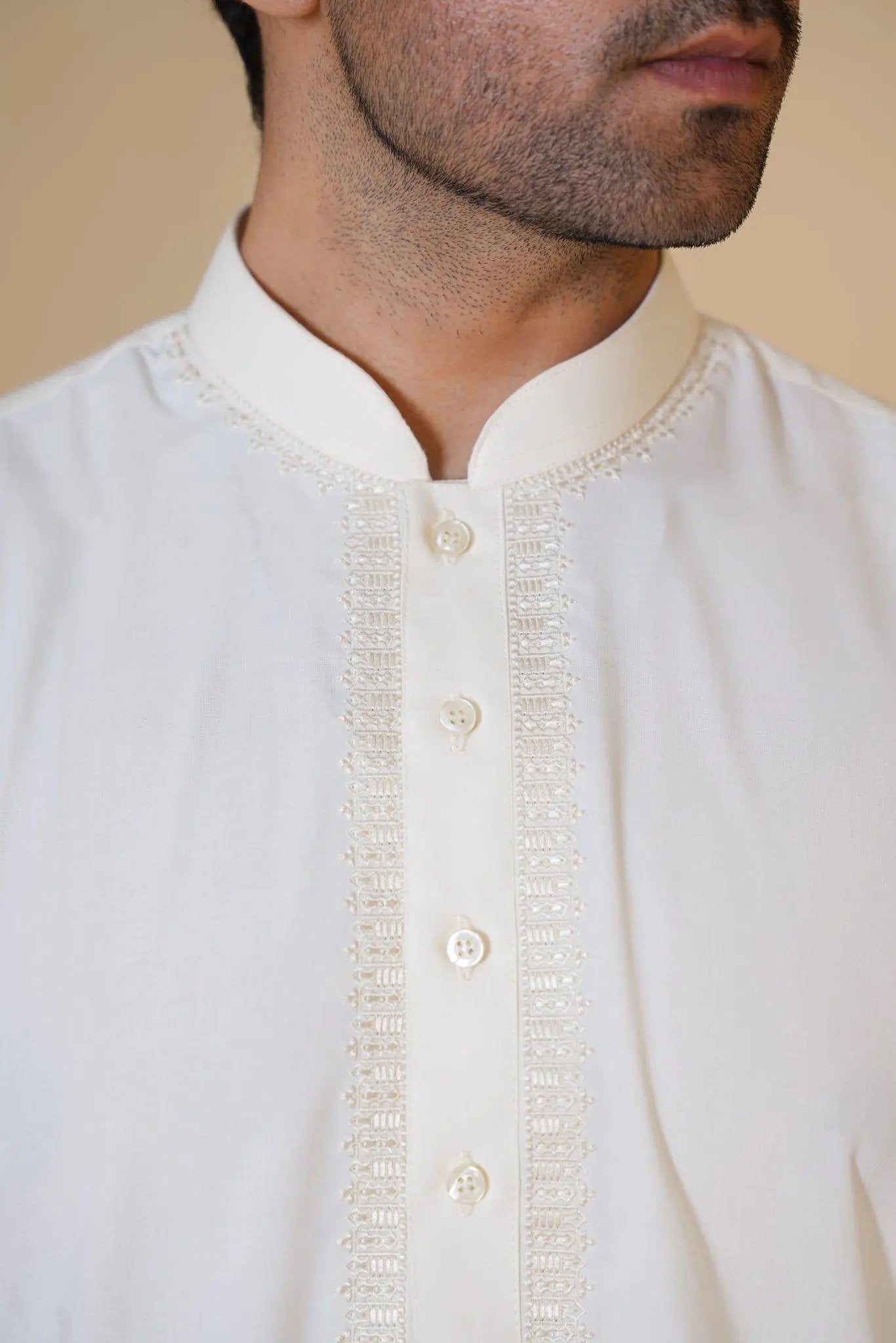 Al-Qaisar Men's Embroidered Cream Shalwar Kameez AQ-24