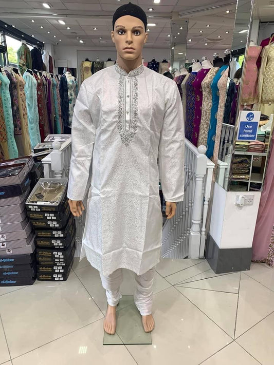 White Men's Brocade Kurta Pyjama