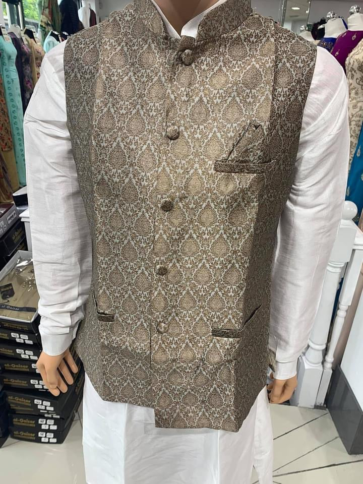 Grey With Gold Men's Brocade Waistcoat