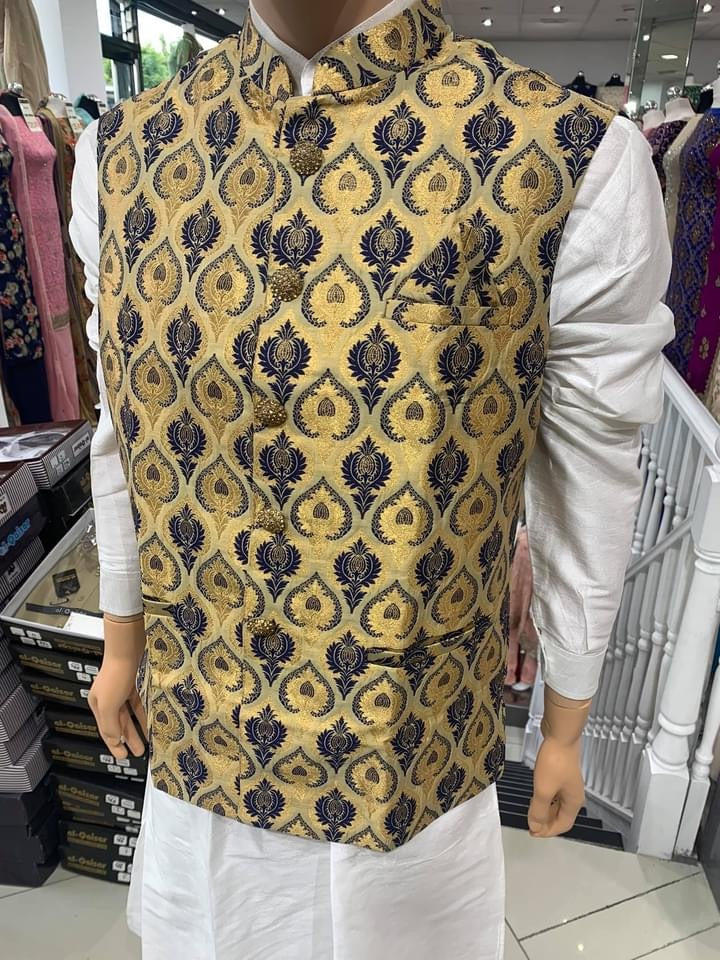 Gold With Navy Men's Brocade Waistcoat